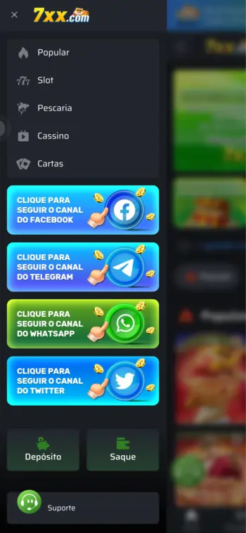 Interface do app 7XX com jogos de cassino em destaque